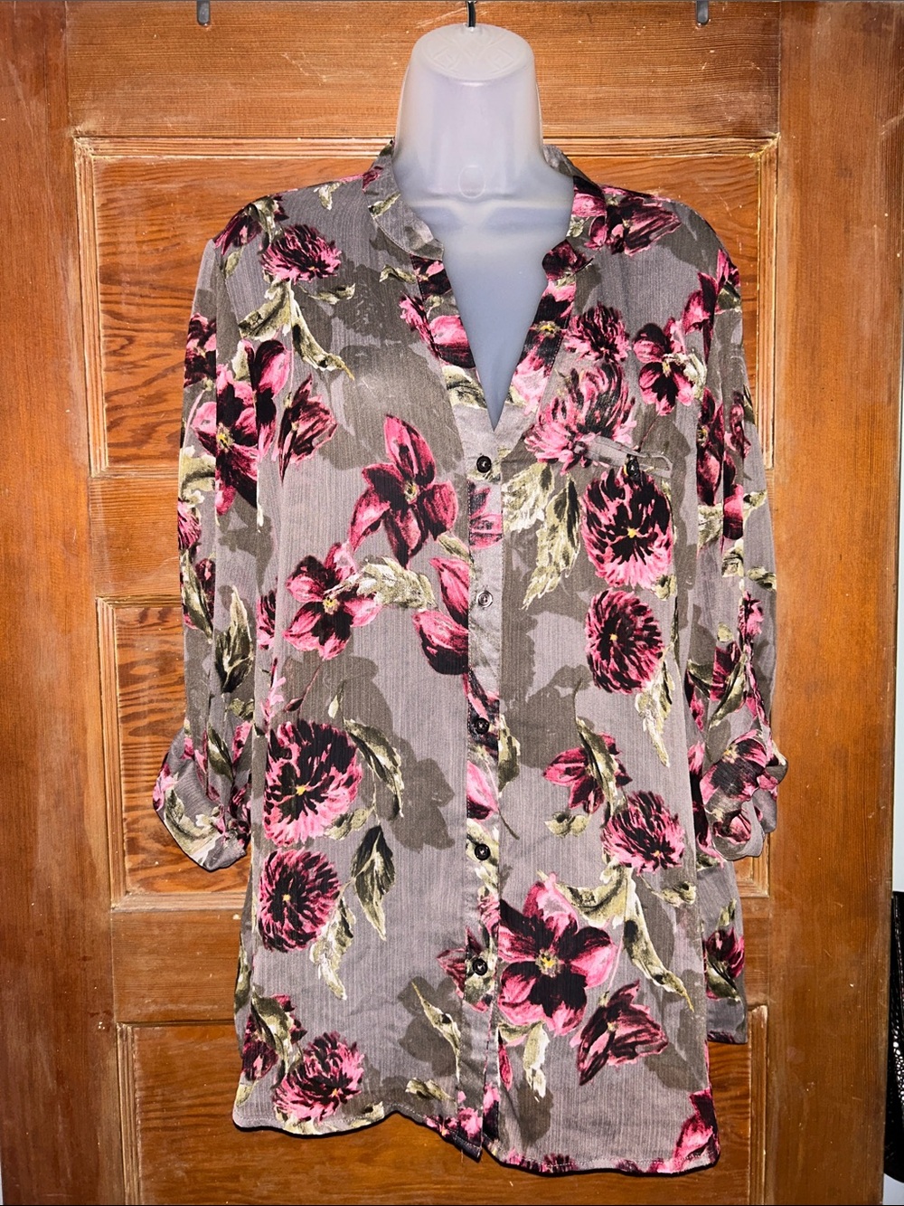 Kut from the Kloth Sheer Gray Button-Down Tunic with Pink Floral Print
